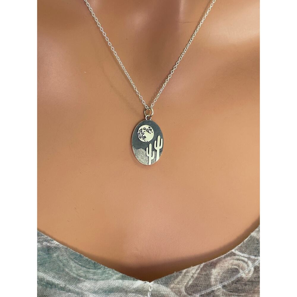 Sterling Silver Etched Moon and Cactus Necklace